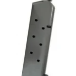 Kimber Magazine 1911 stainless steel pistol magazine, angled side view with witness holes