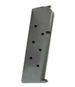 Kimber Magazine 1911 stainless steel pistol magazine, angled side view with witness holes