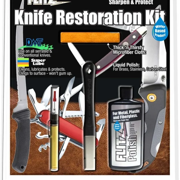 Flitz Knife Restoration Kit, front packaging with polish bottle, tools and knife graphics