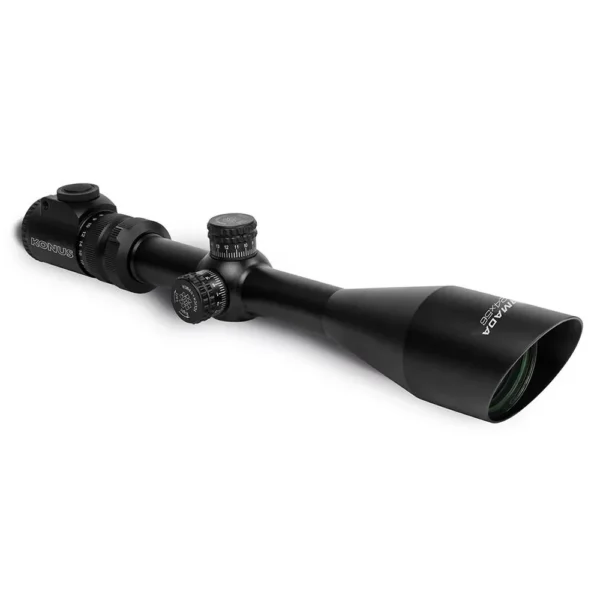 Konus Armada Rifle Scope, black angled side view with adjustment turrets and large objective
