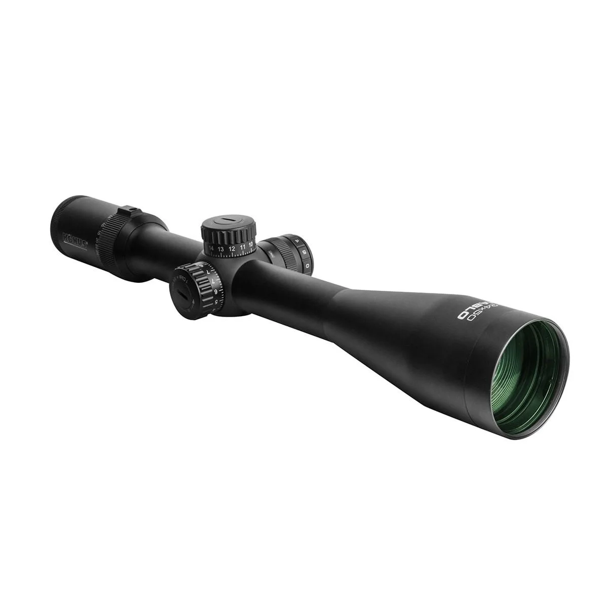konus-diablo-6-24x50-rifle-scope-primary-1 Konus Diablo Series 6-24x50 rifle scope, black angled side view with adjustment turrets