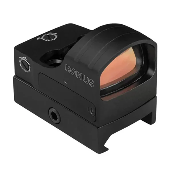 Konus Fission-MR Micro Red Dot, angled front view of black sight with orange-tinted lens and mount