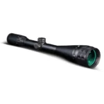 Konus KonusPro 550, black rifle scope in angled side view with turrets and green lens