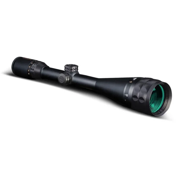 Konus KonusPro 550, black rifle scope in angled side view with turrets and green lens