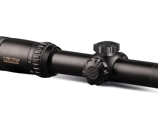 Konus KONUSPRO M-30, matte black riflescope side view with adjustment turrets and green lens