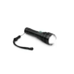 Konus KonusLight-5K flashlight, black angled side view with illuminated lens and wrist lanyard
