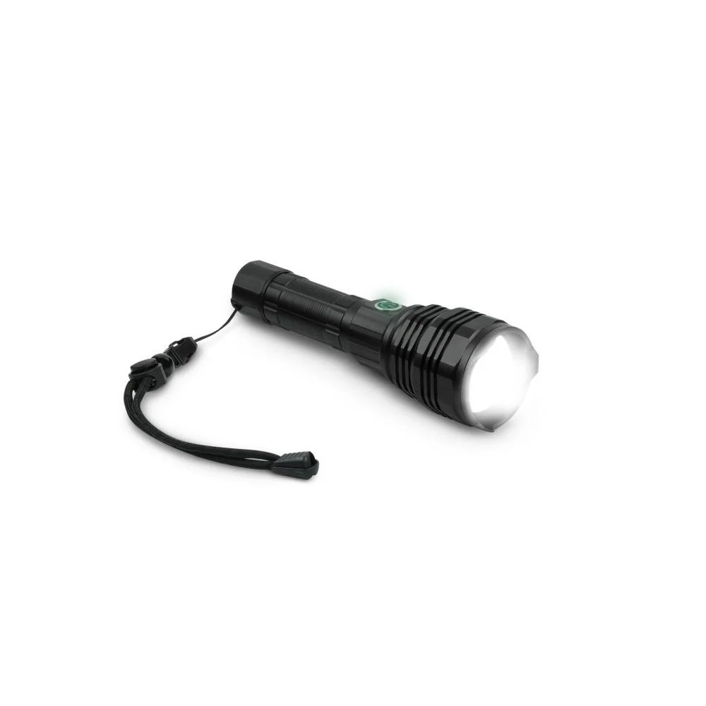 konus-light-5k-flashlight-2500-lumen-rechargeable-primary Konus KonusLight-5K flashlight, black angled side view with illuminated lens and wrist lanyard