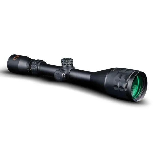 KonusPro 3-12x50mm Rifle Scope, matte black angled side view with adjustment turrets