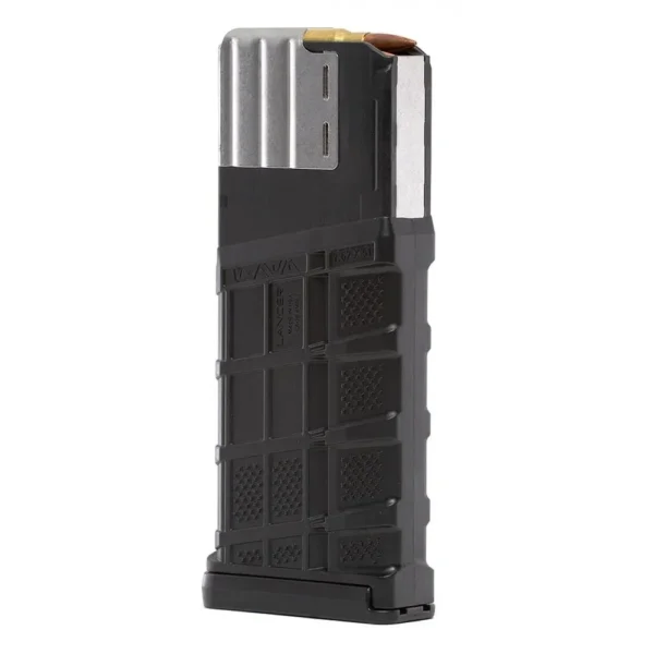 Lancer L7AWM Gen2 OBLK black magazine, angled front view with metal feed lips