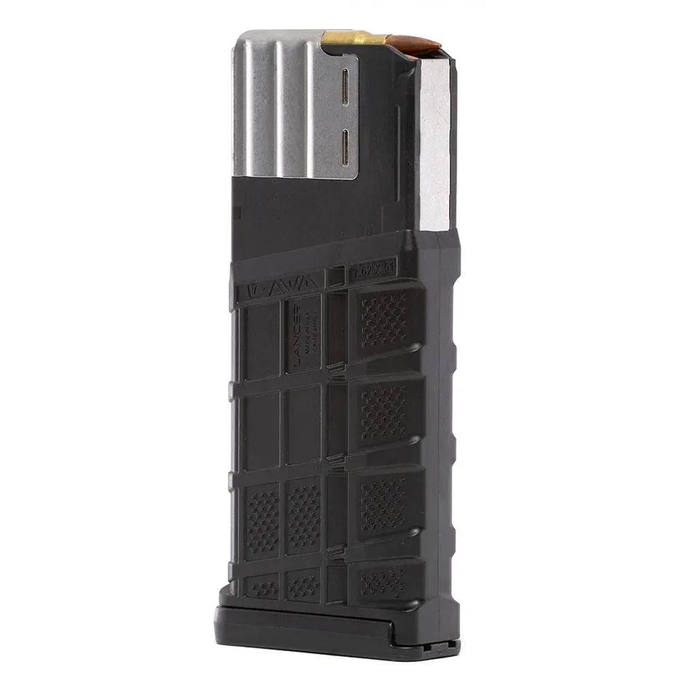 lancer-l7awm-gen2-magazine-primary-1 Lancer L7AWM Gen2 OBLK black magazine, angled front view with metal feed lips