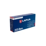 LAPUA 222 REM 55GR FMJ, angled view of a blue ammunition box with white and red branding