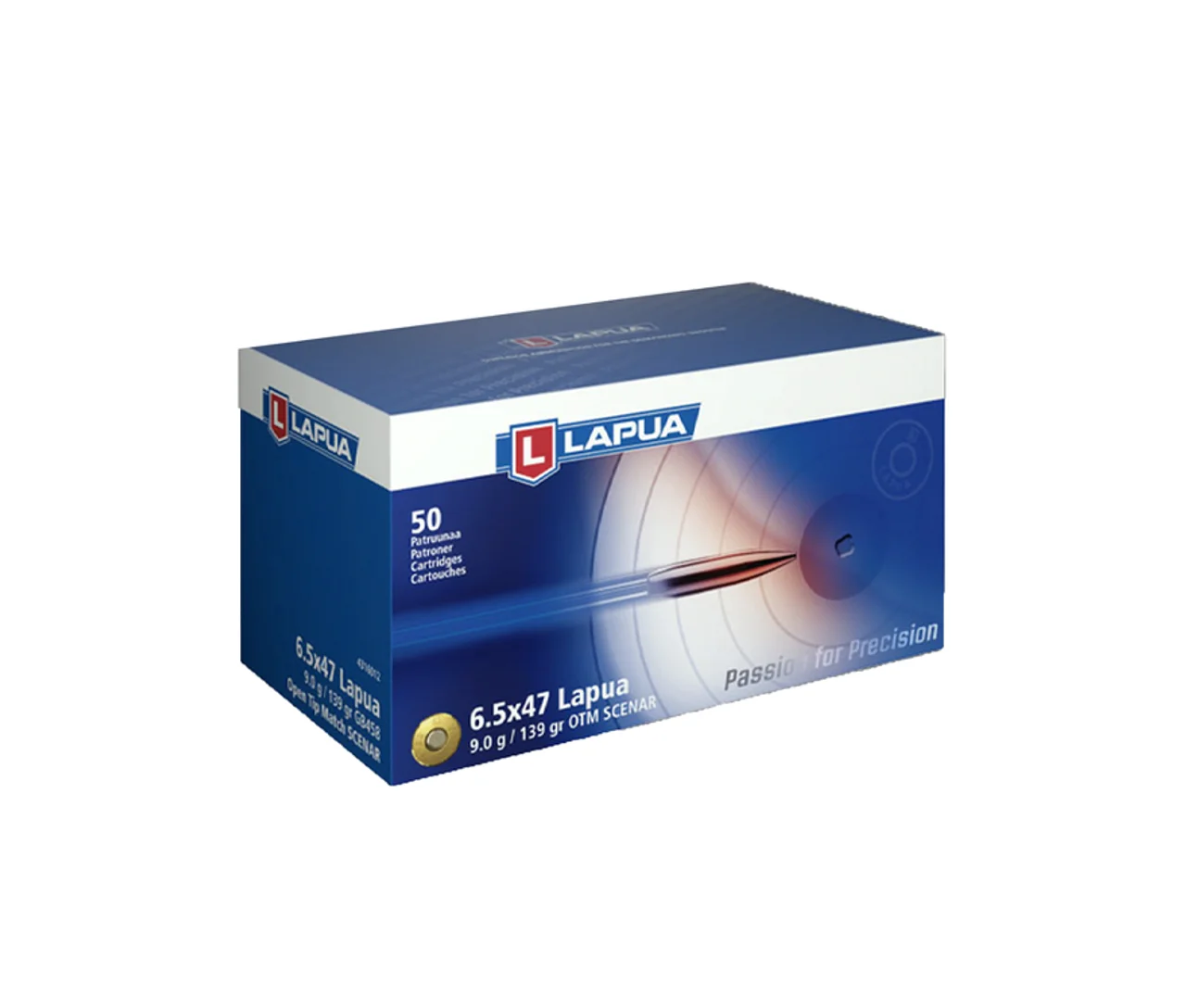 lapua-6-5x47-139gr-hpbt-ammo-primary Lapua Rifle HPBT Ammo, blue retail box in angled front view with cartridge graphic