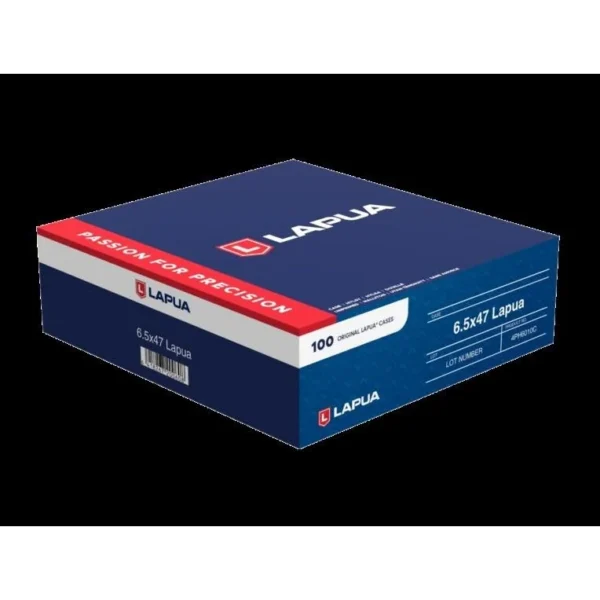Lapua Unprimed Brass Rifle Cartridge Cases, angled view of blue, red and white box