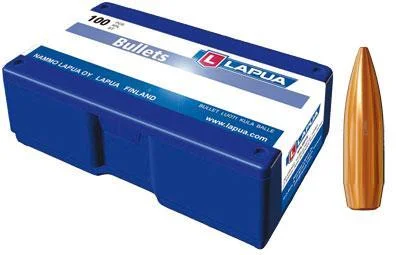 lapua-scenar-hpbt-65mm-rifle-bullets-primary-1 Lapua Scenar HPBT Rifle Bullets, copper-coloured bullet beside blue and white box