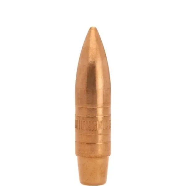 Lapua Subsonic FMJBT Rifle Bullets, copper-colored pointed bullet, upright side view