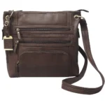 Bulldog Large Cross Body Style Purse, chocolate brown front view with strap, zippers and pockets