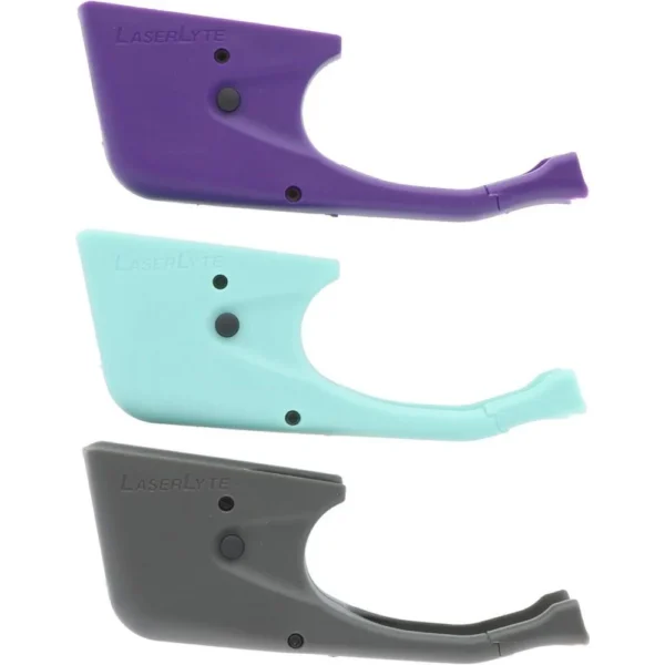 Laserlyte UTA-JR laser sight trainer housings in purple, teal and grey, side views