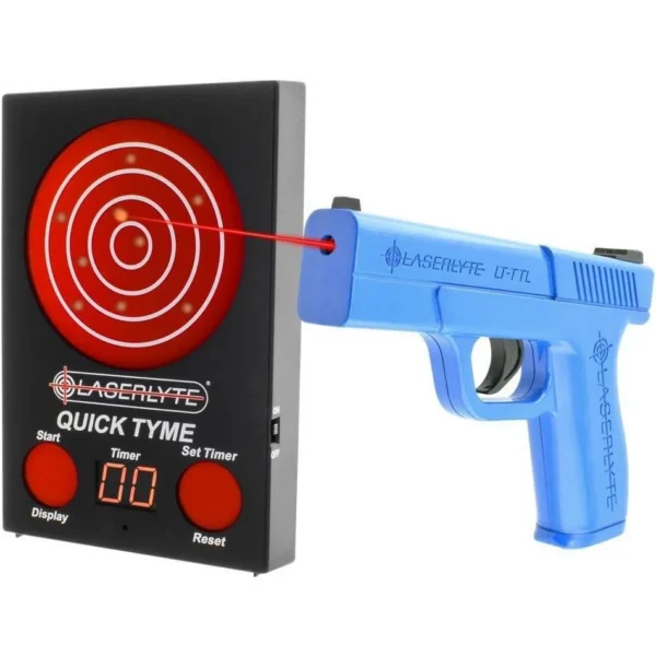 LaserLyte Quick Tyme black target beside blue training handgun projecting a red laser