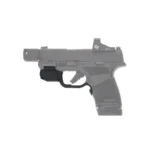 Crimson Trace Laserguard Springfield Hellcat Red, black laser unit mounted under a gray pistol