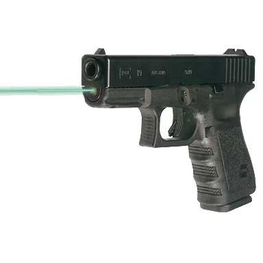LaserMax Guide Rod Laser green beam projecting from a black pistol, left-side view