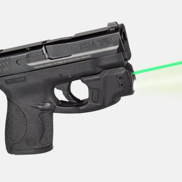 LaserMax Centerfire Laser with GripSense, left-side view on black pistol projecting green beam