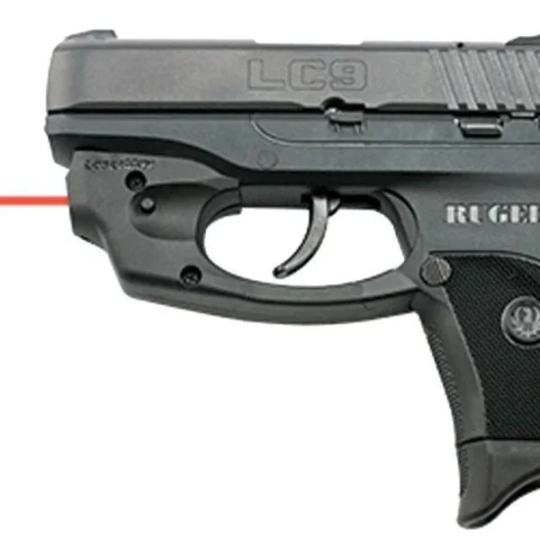 LaserMax CenterFire Handgun Laser - Ruger LC9 black handgun, left-side view with red laser beam