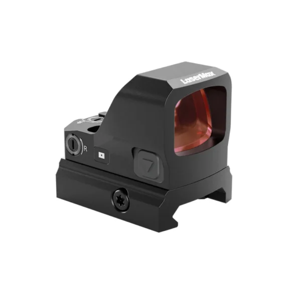 Lasermax Micro Handgun Red Dot Sight, black angled view with red-tinted front lens