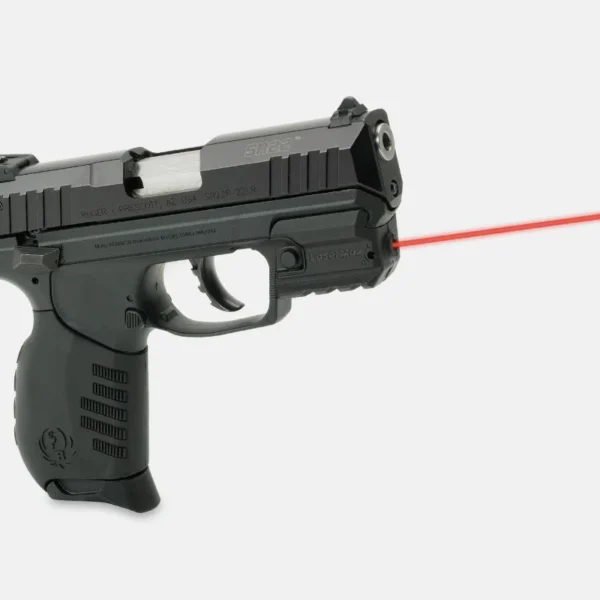LaserMax Rail Mounted Laser Sight for Ruger SR22 SR9 SR40, black on pistol with red laser visible