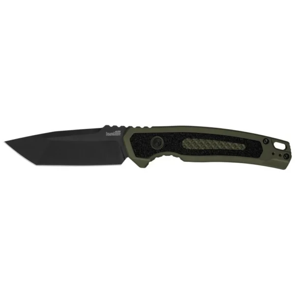 Kershaw Launch 16, open folding knife in left side view with black tanto blade and olive handle