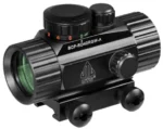 Leapers UTG ITA CQB Dot Sight, black angled front view with lens, turrets and integral mount