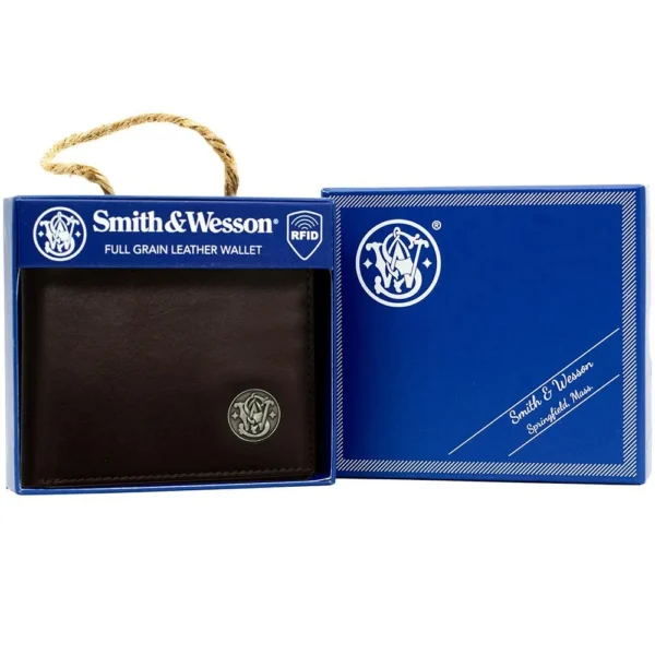 Rugged Rare Smith & Wesson Bifold Wallet, brown wallet displayed in an open blue box