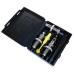 Lee Pacesetter 3-Die Set, open black case with silver dies and yellow-handled tool