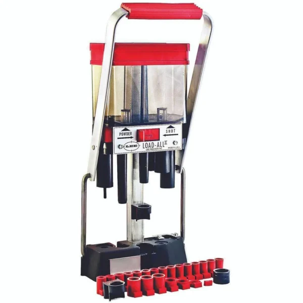 Lee Load-All II Shotshell Press, front view with red handle, clear hoppers and red shells at base