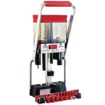 Lee Load-All II red and black shotshell press, front view with red shells at base
