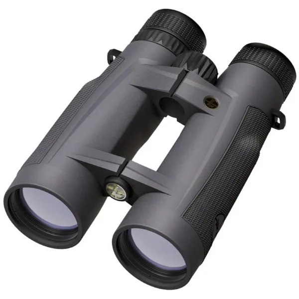 Leupold BX-5 Santiam HD Binocular, shadow grey angled front view with textured focus wheel