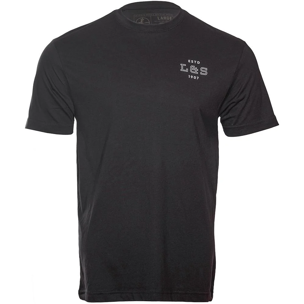 leupold-heritage-short-sleeve-tee-primary-1 Leupold L&S Heritage Short Sleeve Tee, front view of black crew-neck shirt with small chest logo
