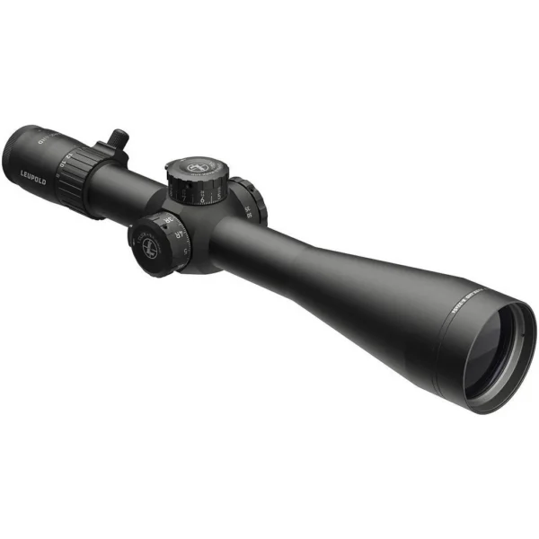 Leupold LEUP MARK 4HD black riflescope angled from front with large objective and adjustment turrets