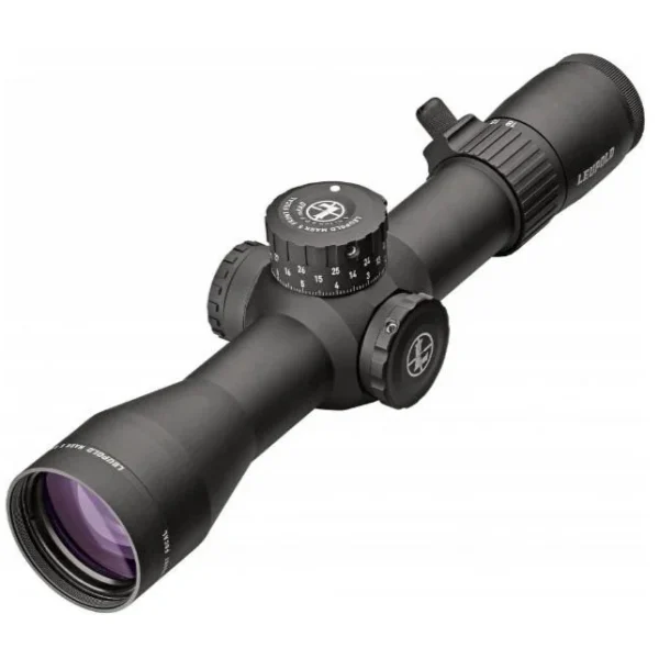Leupold Mark 5HD rifle scope in black, angled side view with adjustment turrets