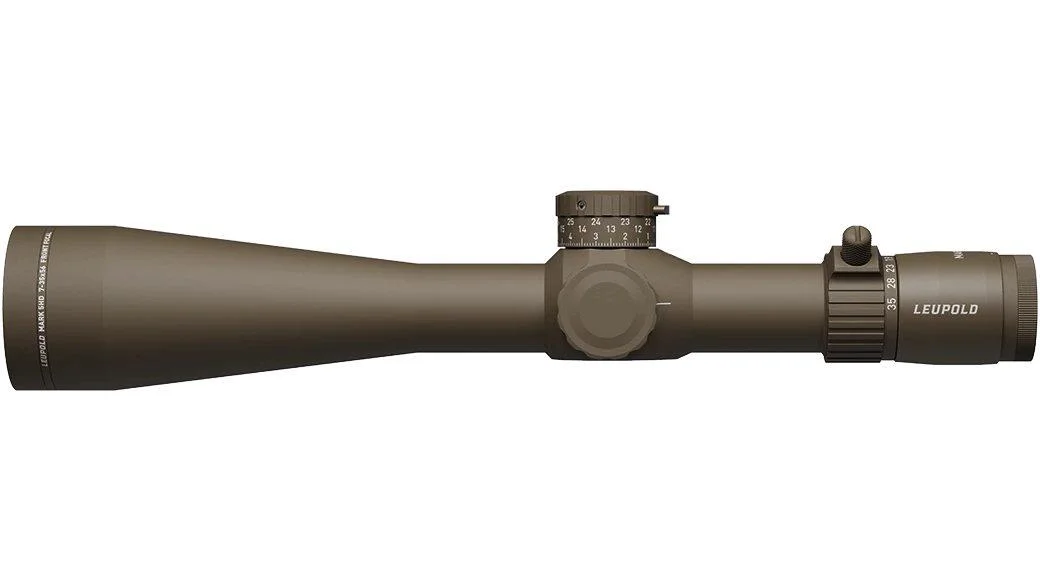 leupold-mark-5hd-rifle-scope-primary-3 Leupold Mark 5HD rifle scope in dark earth, right-side view with adjustment turrets