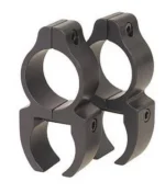 Leupold LEUP RFLMN RMFR detachable rings, angled view of two dark metal scope rings