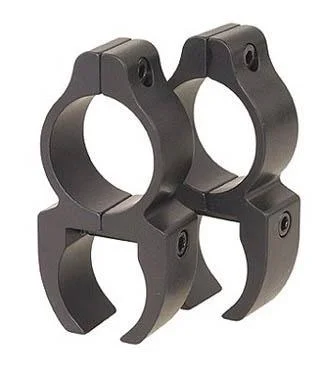 Leupold LEUP RFLMN RMFR detachable rings, angled view of two dark metal scope rings