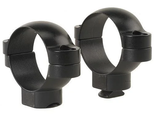 Leupold 2-Piece STD Rings, pair of matte black steel rings in angled front view