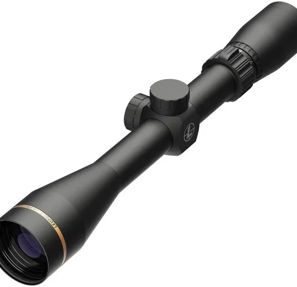 Leupold VX-Freedom Rifle Scope, black angled view with adjustment turrets and gold front ring