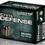 Liberty Civil Defense Handgun Ammunition, angled view of black and green retail box with cartridge graphic