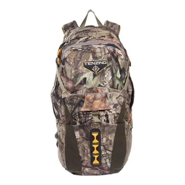 GSM Tenzing Voyager Day Pack Backpack, front view in woodland camouflage with multiple pockets