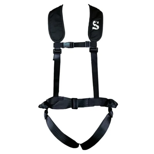 Summit Element Safety Harness, front view in black with padded shoulder straps and waist belt