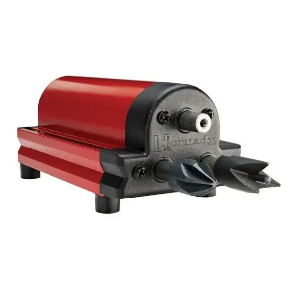 Hornady Lock-N-Load Case Prep Trio, front view of red and black benchtop unit