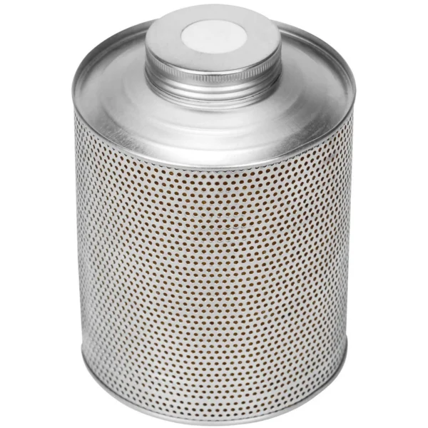 AOB Lockdown Silica Gel 750 gr silver perforated canister, angled top view with threaded cap