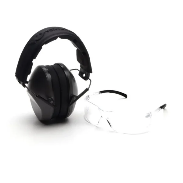 Pyramex Safety Pyramex Low Profile Combo Kit Passive Black Ear Muff 24dB Clear Shooting Glasses Clear with Clear Lens