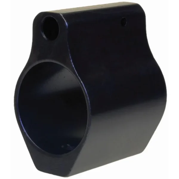 ERGO .750 Low Profile Gas Block, black metal block, angled front view with circular opening
